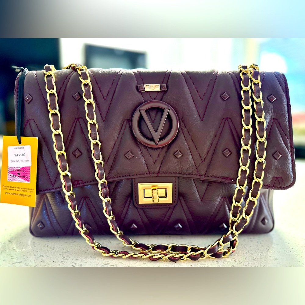 VALENTINO by Mario Valentino Posh Diamonds Leather Bag in Fig Purple Leather NWT